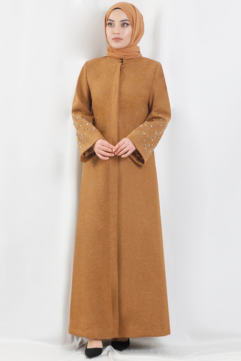 Taş İşlemeli Kaşe Kaban Camel