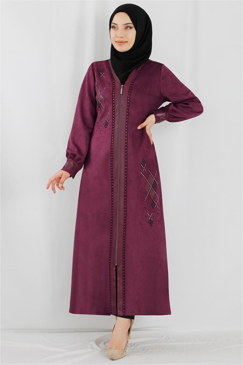 Taş İşlemeli Şarabi Süet Ferace