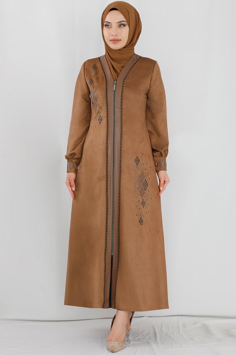 Taş İşlemeli Taba Süet Ferace