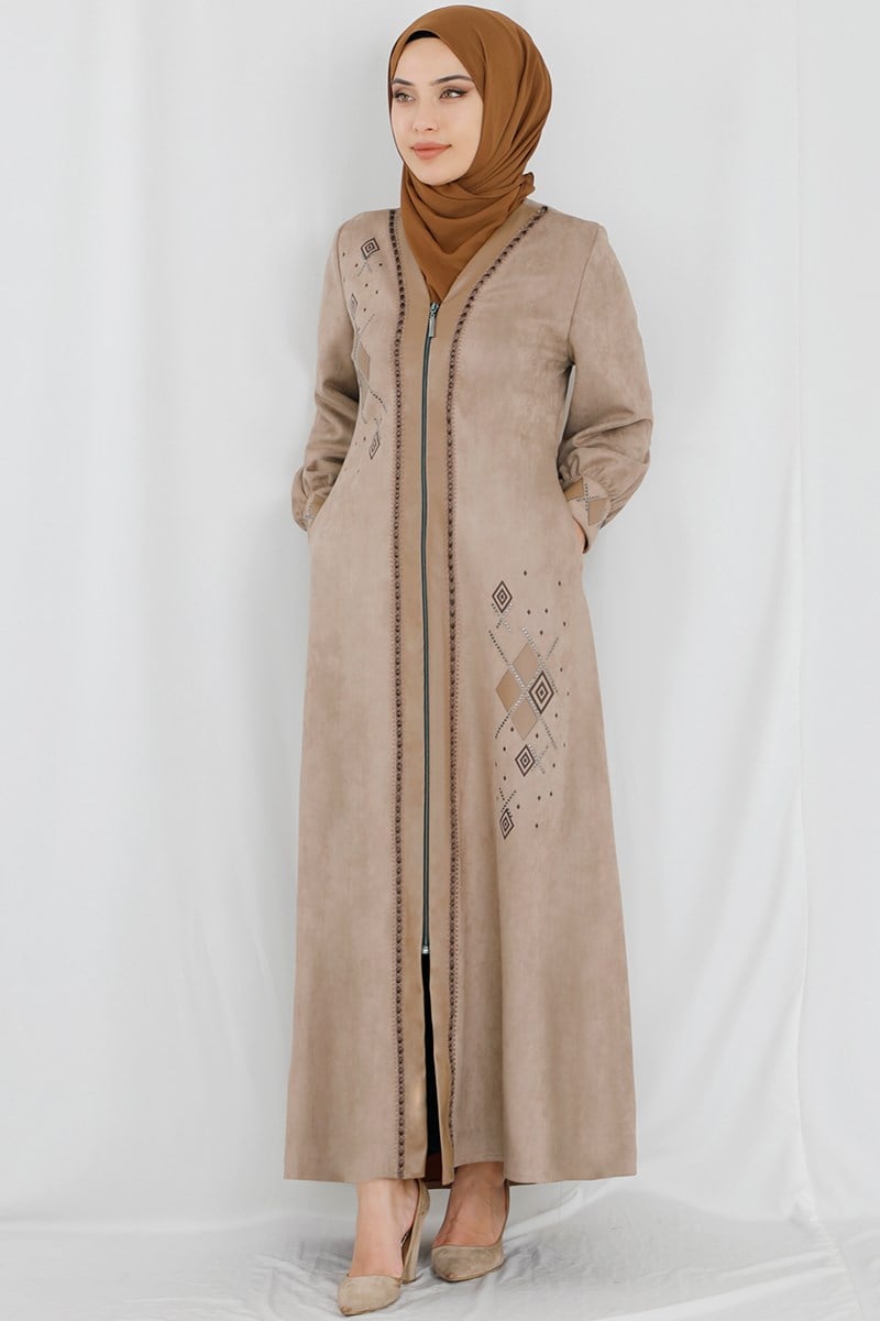 Taş İşlemeli Vizon Süet Ferace