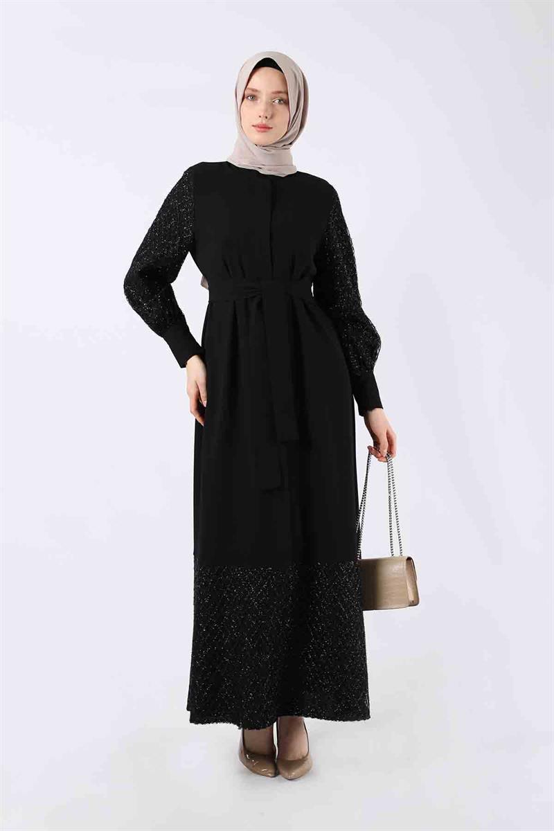 Tül Detaylı Ferace Siyah