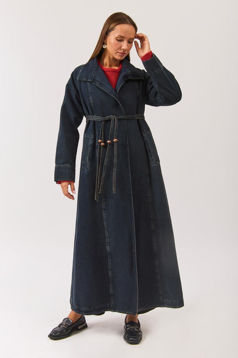 Uzun Kruvaze Denim Trençkot Koyu Mavi