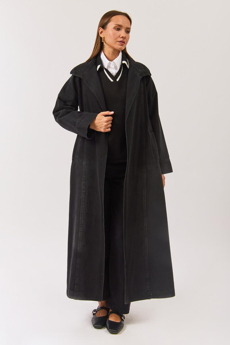 Uzun Kruvaze Denim Trençkot Siyah