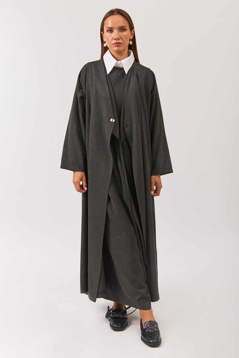 V Yaka Bağlamalı Abaya Antrasit