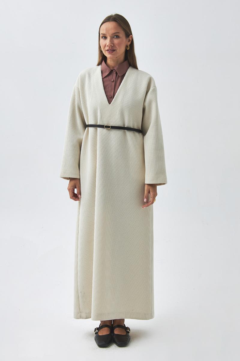 V Yaka Çizgi Dokulu Elbise Ekru