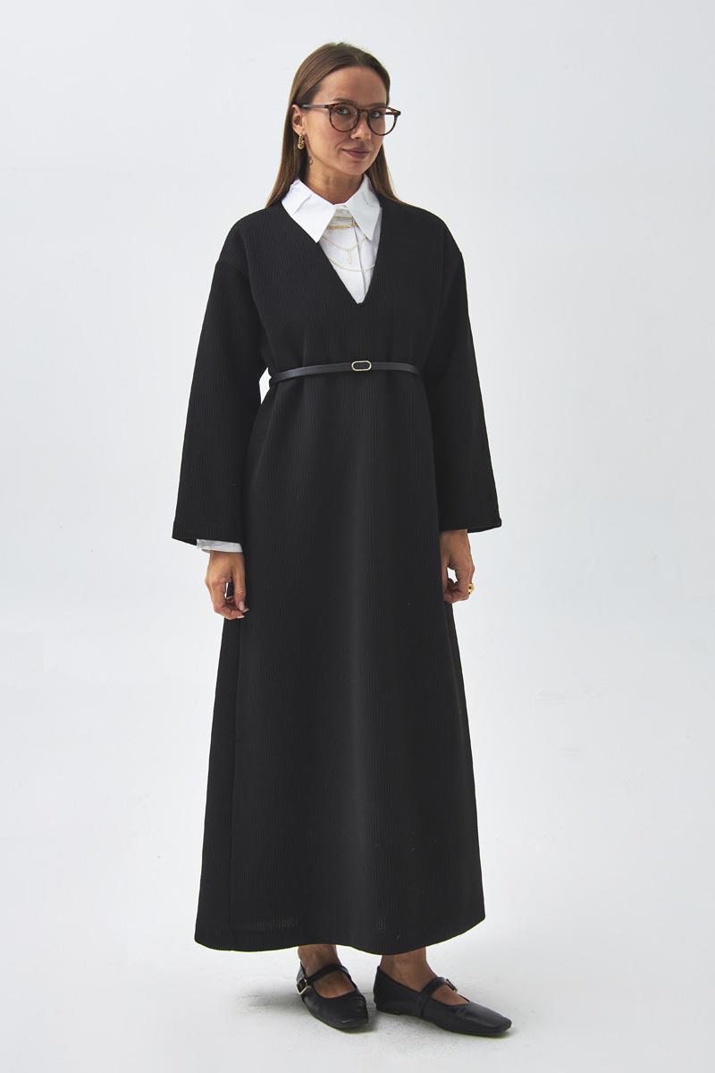 V Yaka Çizgi Dokulu Elbise Siyah