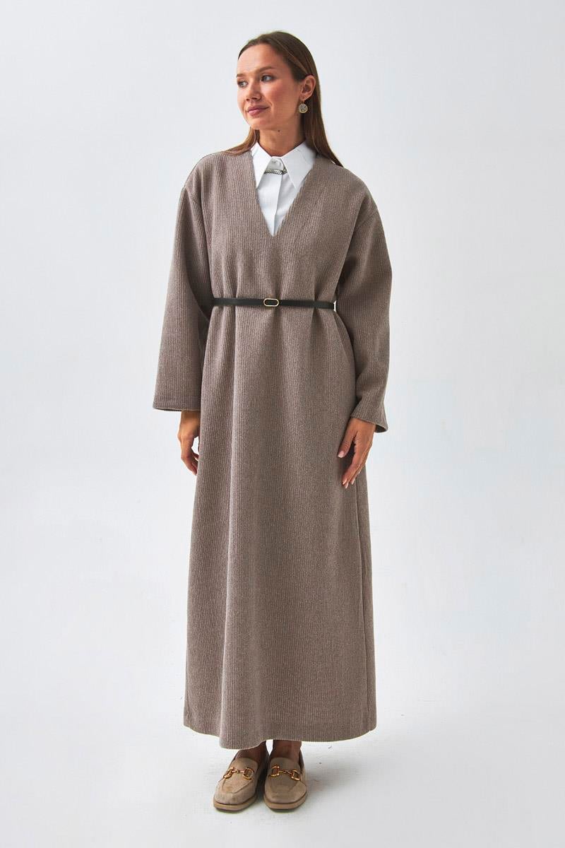 V Yaka Çizgi Dokulu Elbise Vizon