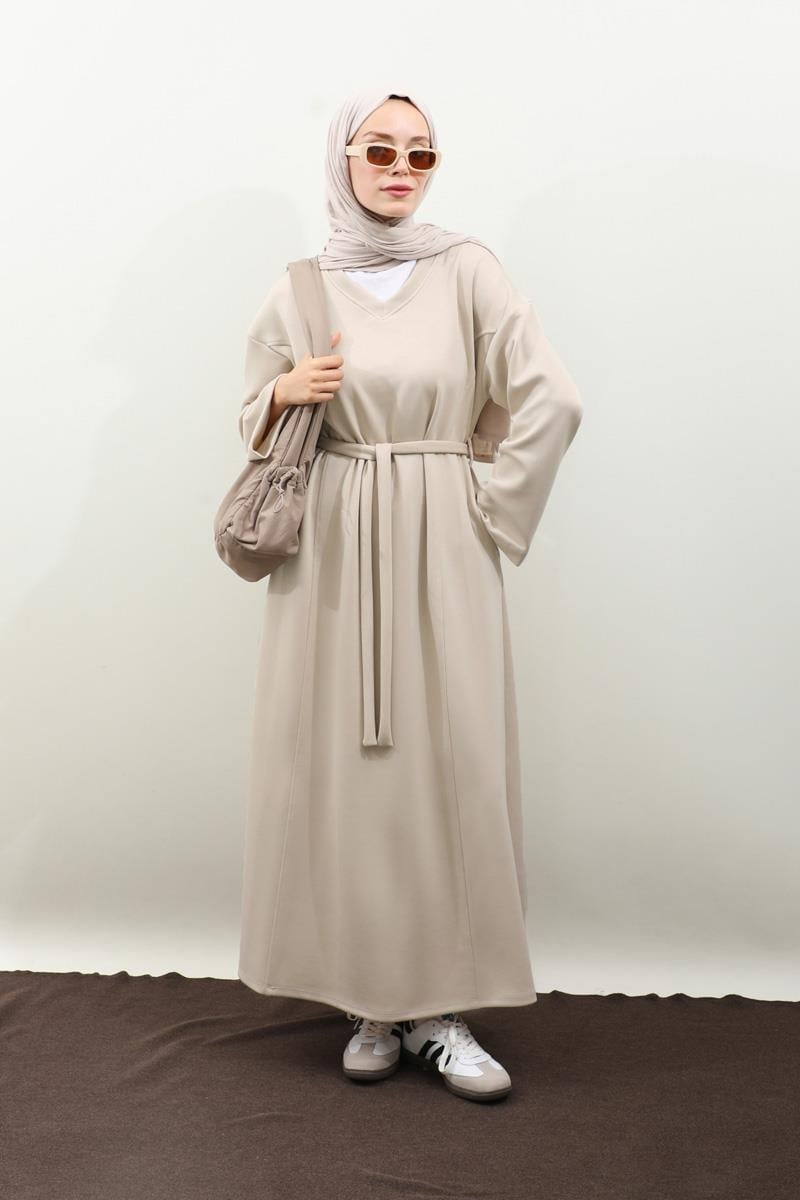 V Yaka Sweat Elbise Krem