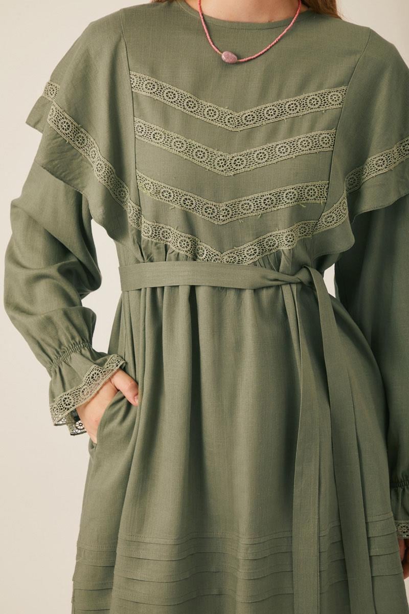Volan Detaylı Dantelli Tunik Haki
