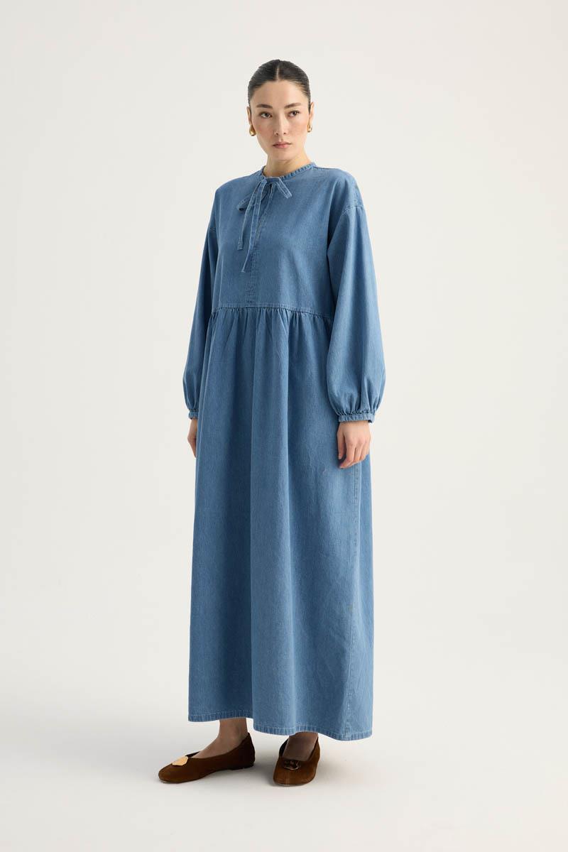 Yakadan Bağlamalı Denim Elbise Siyah