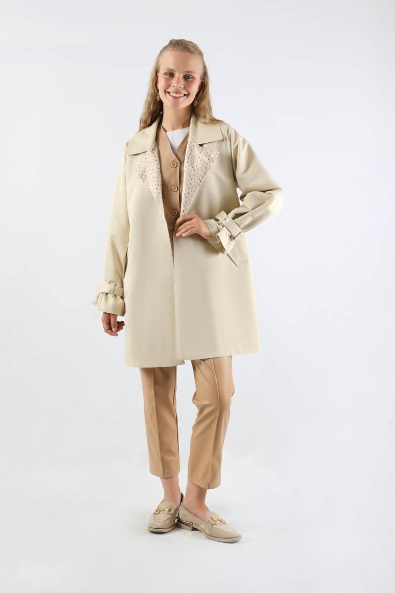 Yakası Desenli Midi Trençkot Ekru