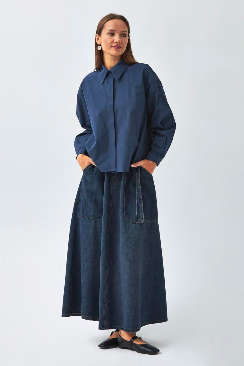 Yakası Pile Detaylı Gömlek Lacivert