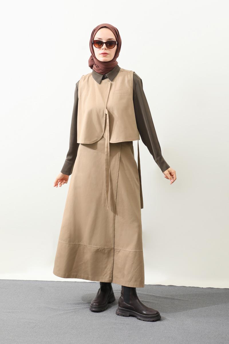 Yandan Bağlamalı Yelek Etek Takım Camel