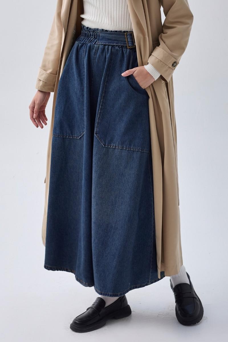 Yandan Tokalı Denim Etek Mavi