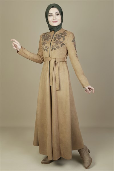 Leaf Patterned Suede Tan Abaya