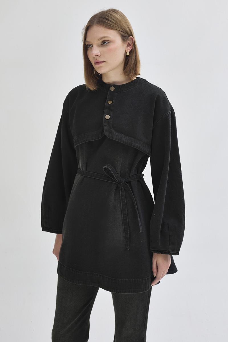 Yarım Düğmeli Denim Tunik Siyah
