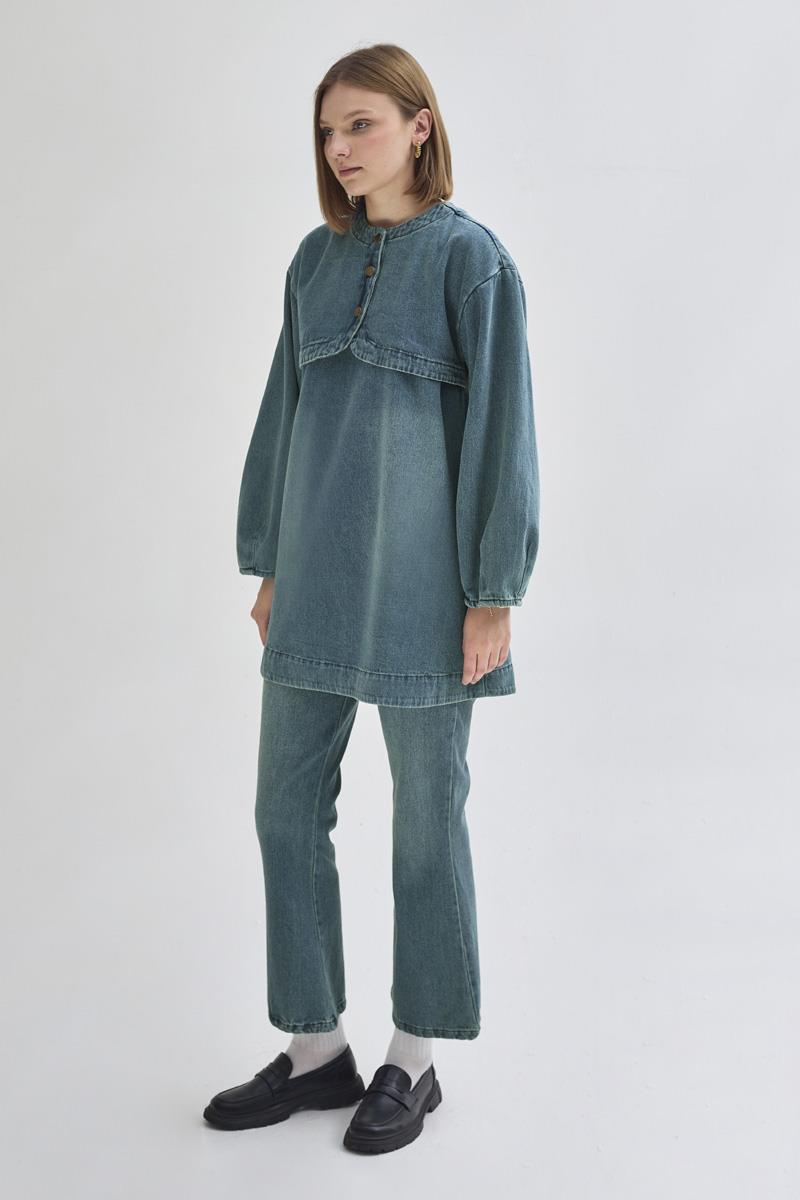 Yarım Düğmeli Denim Tunik Yeşil Tintli