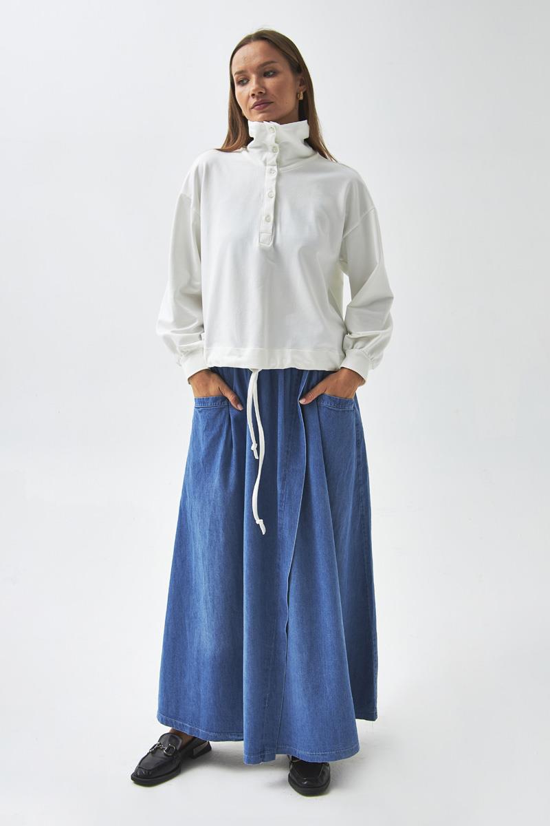 Yarım Düğmeli Sweatshirt Ekru