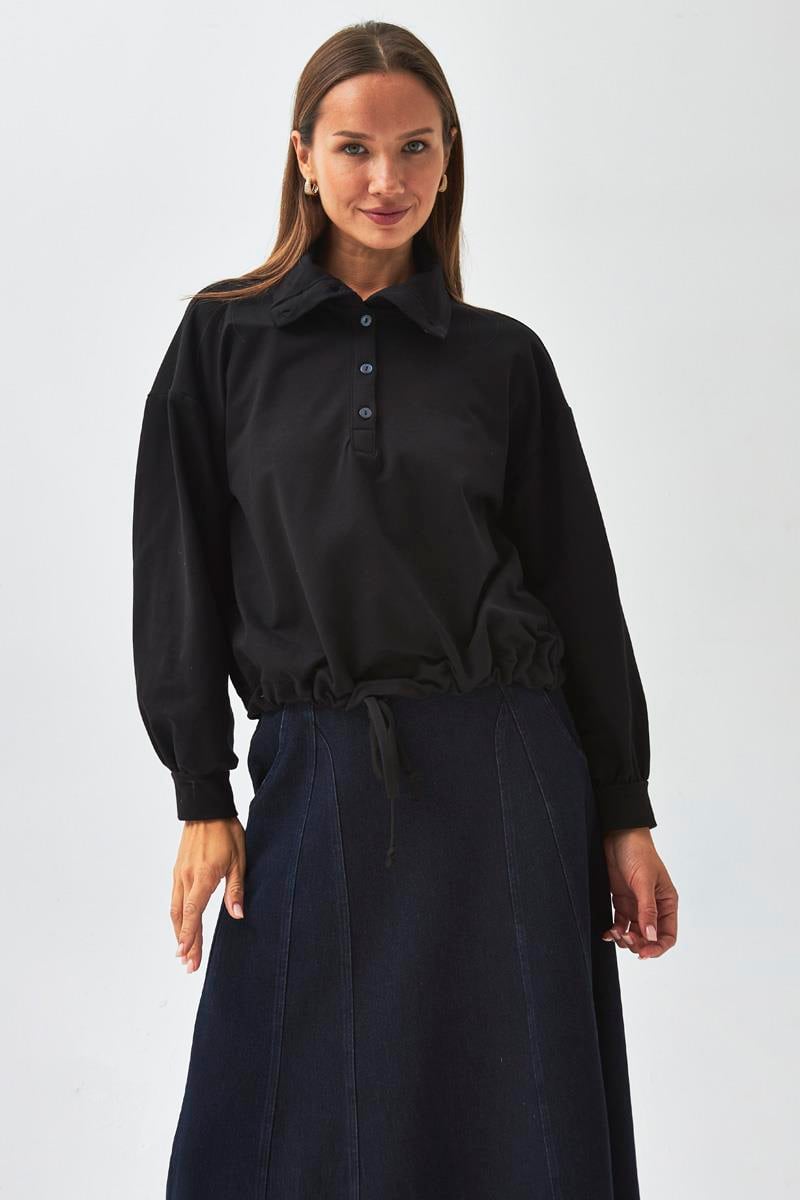 Yarım Düğmeli Sweatshirt Siyah