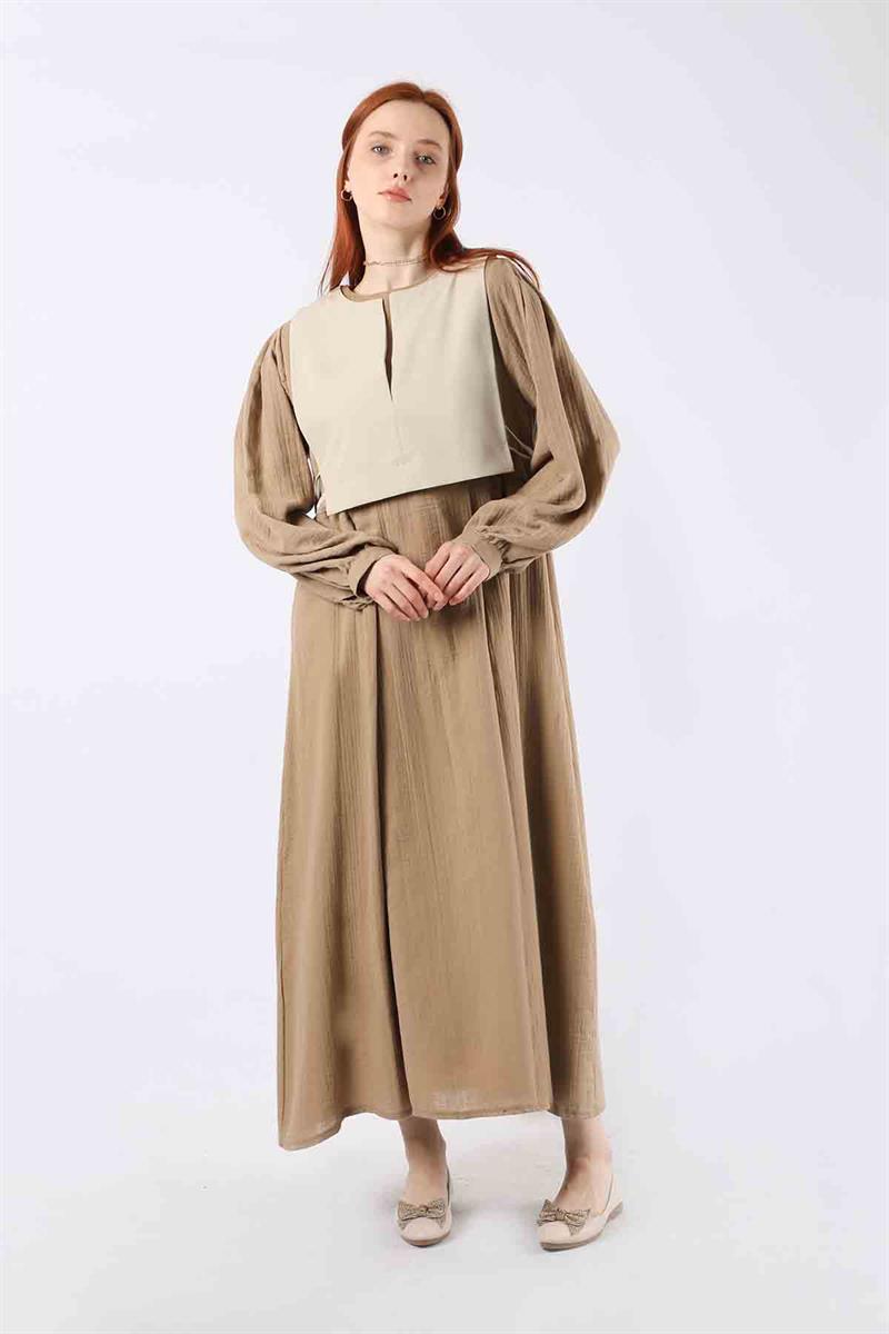 Yelek Detaylı Elbise Bej