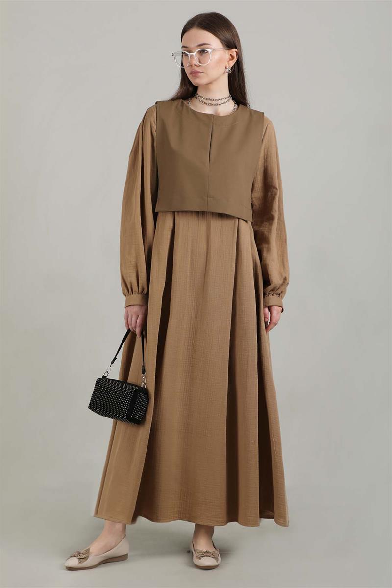 Yelek Detaylı Elbise Camel