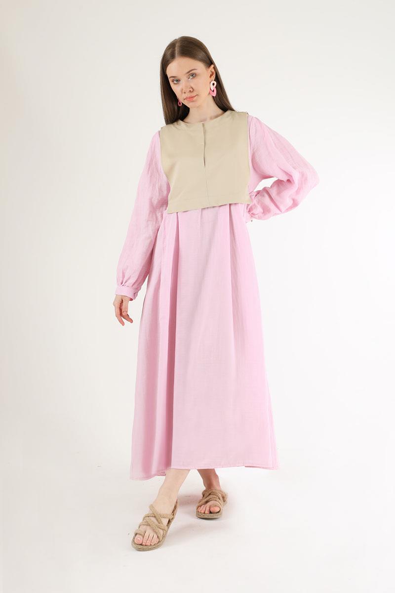 Yelek Detaylı Elbise Pembe Krem