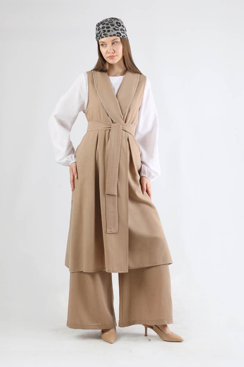 Yelekli Taşlı Üçlü Takım Camel
