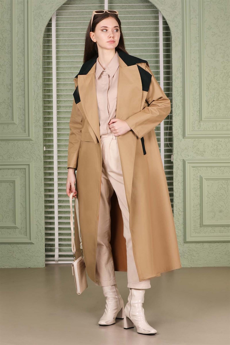 Yelekli Trenç Açık Camel