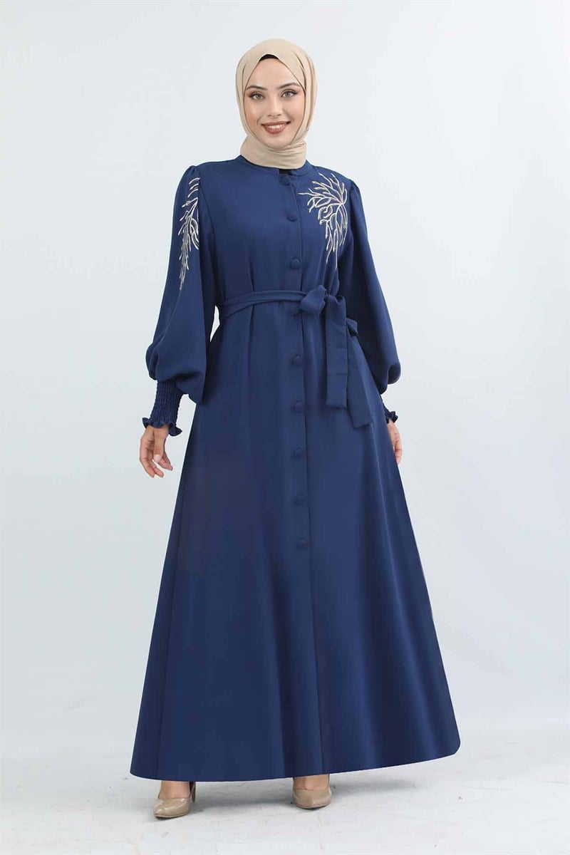 Zarif İşlemeli Ferace Mavi