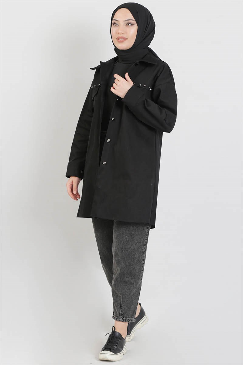 Zımbalı Kot Gömlek Siyah