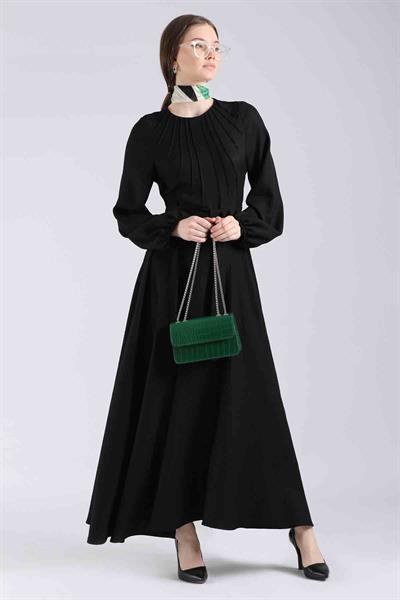 Nervür Detaylı Kloş Elbise Siyah