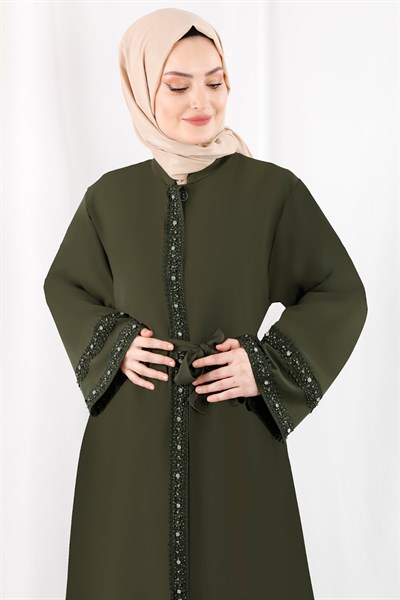 1365 Taşlı Dantel Şeritli Haki Abaya