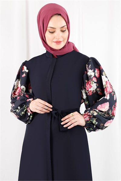 1373 Kolları Çiçek Baskılı Lacivert Ferace