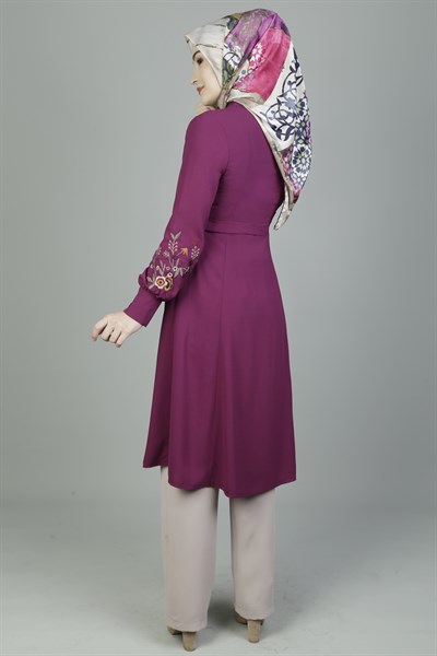 3108 Kolları Nakışlı Mürdüm Tunik