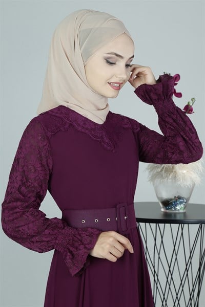 3339 Dantel Detaylı Mürdüm Ferace
