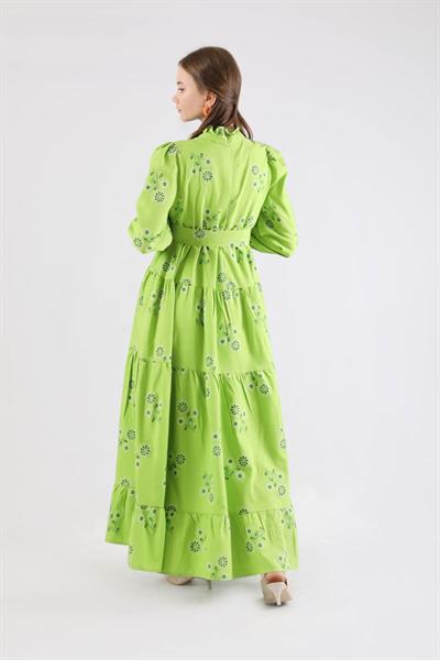 Büzgülü Desenli Poplin Elbise Fıstık Yeşili