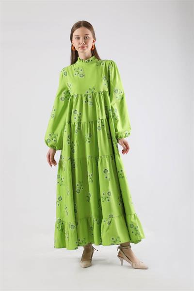 Büzgülü Desenli Poplin Elbise Fıstık Yeşili