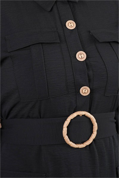 Dört Cepli Uzun Kemerli Siyah Elbise
