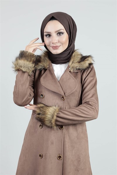 Kürklü Ceket Yaka Kaban Kahve
