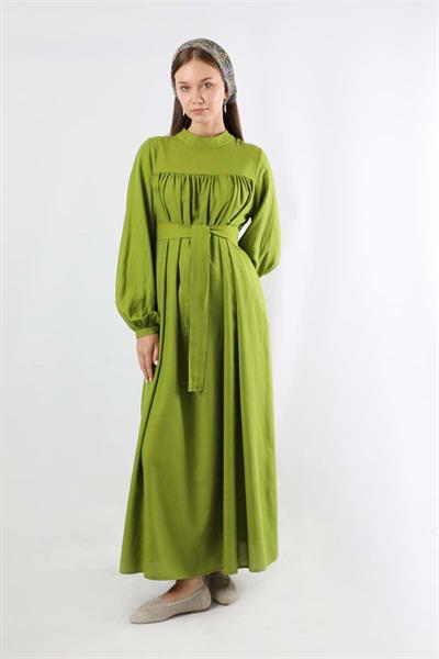 Kuşaklı Büzgülü Elbise Fıstık Yeşili