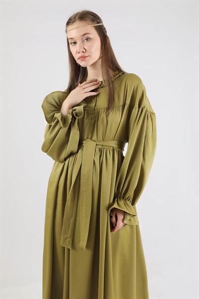 Robalı Saten Elbise Yağ Yeşili