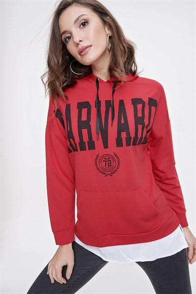 S-21K2220002-Kırmızıİki İplik KAnguru Cepli Ribanalı Kapüşonlu Sweat Kırmızı