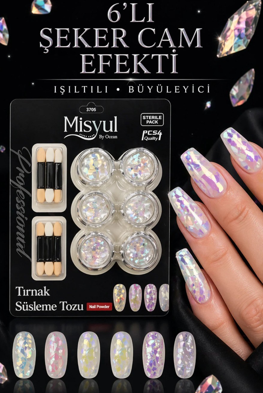 Ocean Misyul Tırnak Süsleme Tozu Şeker Cam Efekti 6lı 3705Ocean