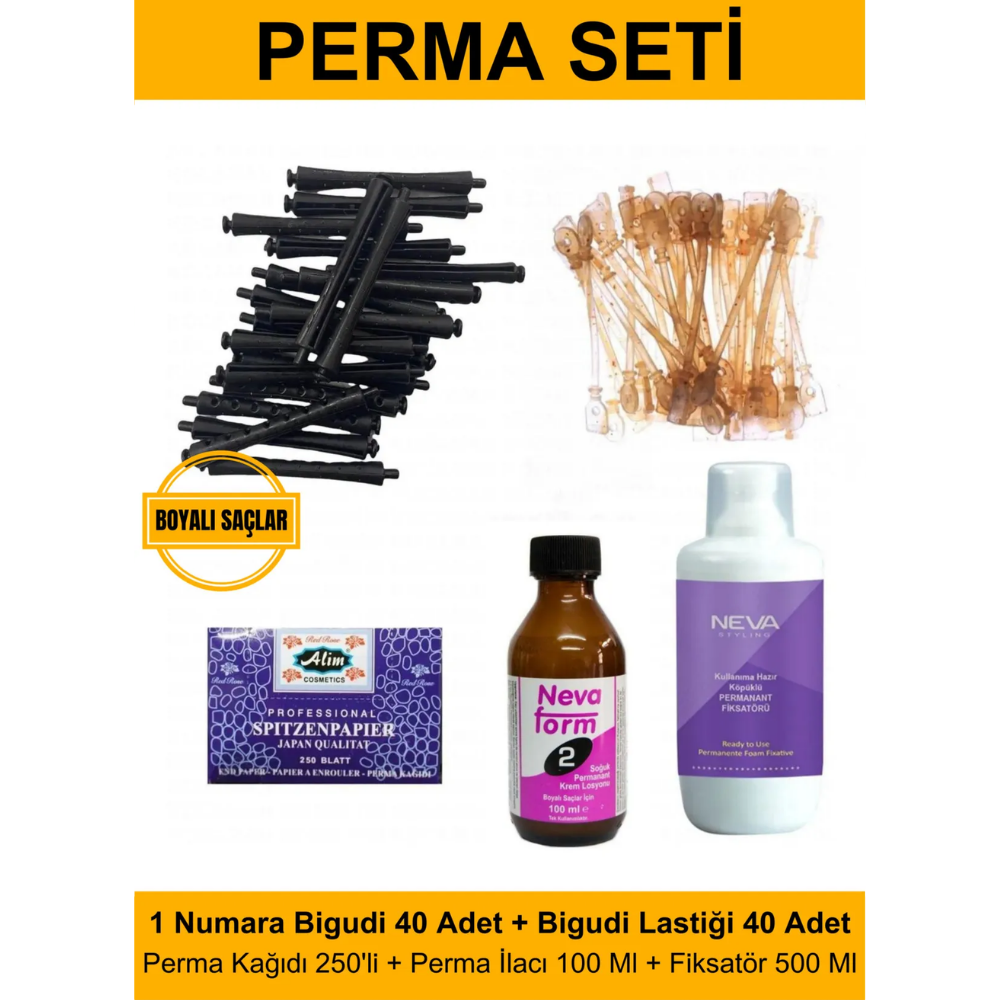 Perma Bigudi Tam Set No:1 Boyalı Saçlar (Bigudi + Lastik + Kağıt + İlaç + Fiksatör)Kocaman Kozmetik