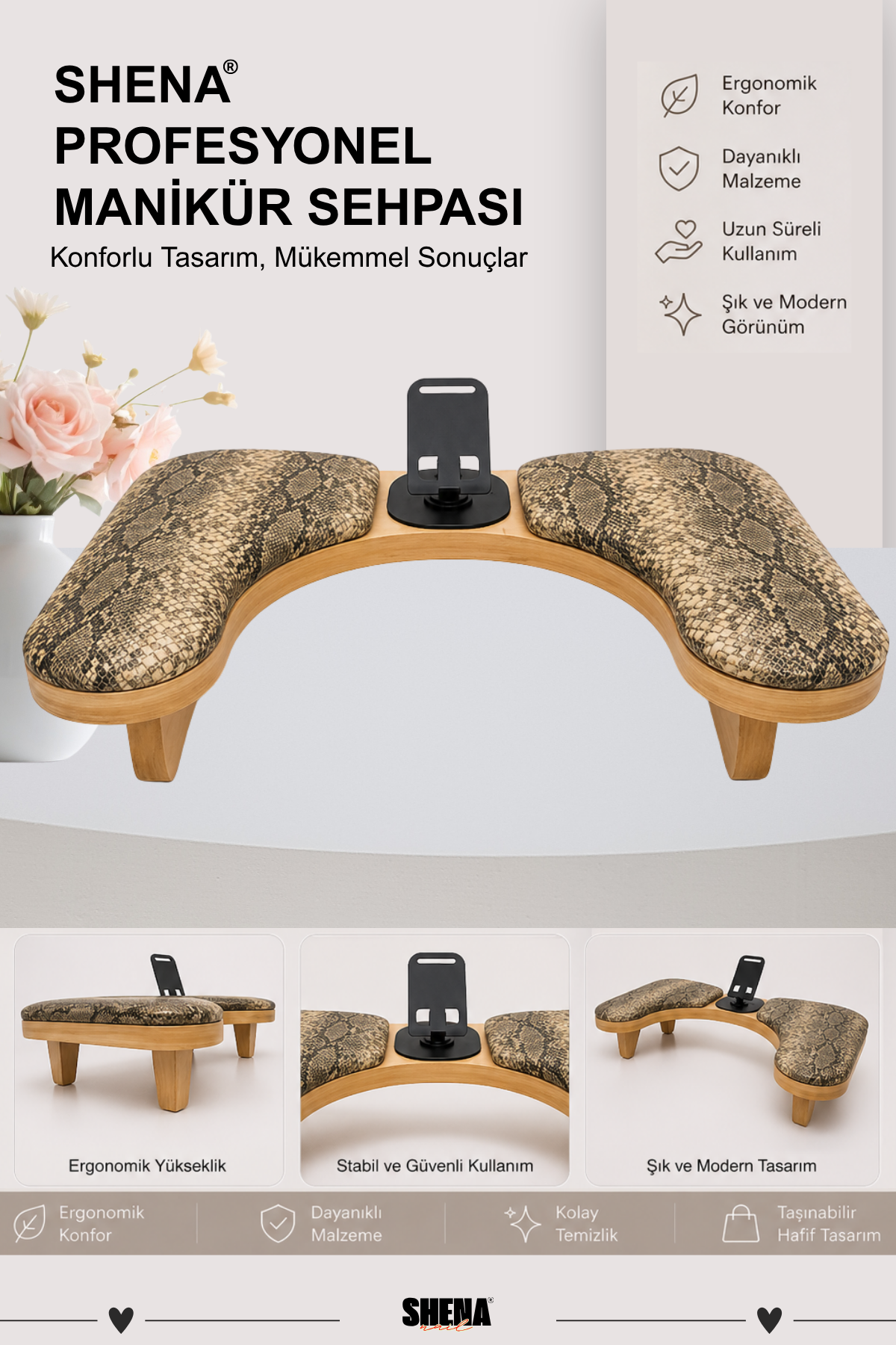 Shena U Tipi Manikür Sehpası Telefon Tutacaklı - LeoparShena