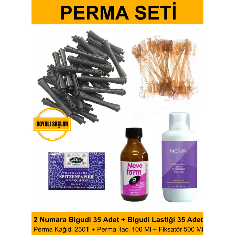 Perma Bigudi Tam Set No:2 Boyalı Saçlar (Bigudi + Lastik + Kağıt + İlaç + Fiksatör)Kocaman Kozmetik