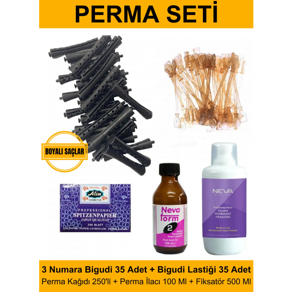 Perma Bigudi Tam Set No:3 Boyalı Saçlar (Bigudi + Lastik + Kağıt + İlaç + Fiksatör)Kocaman Kozmetik
