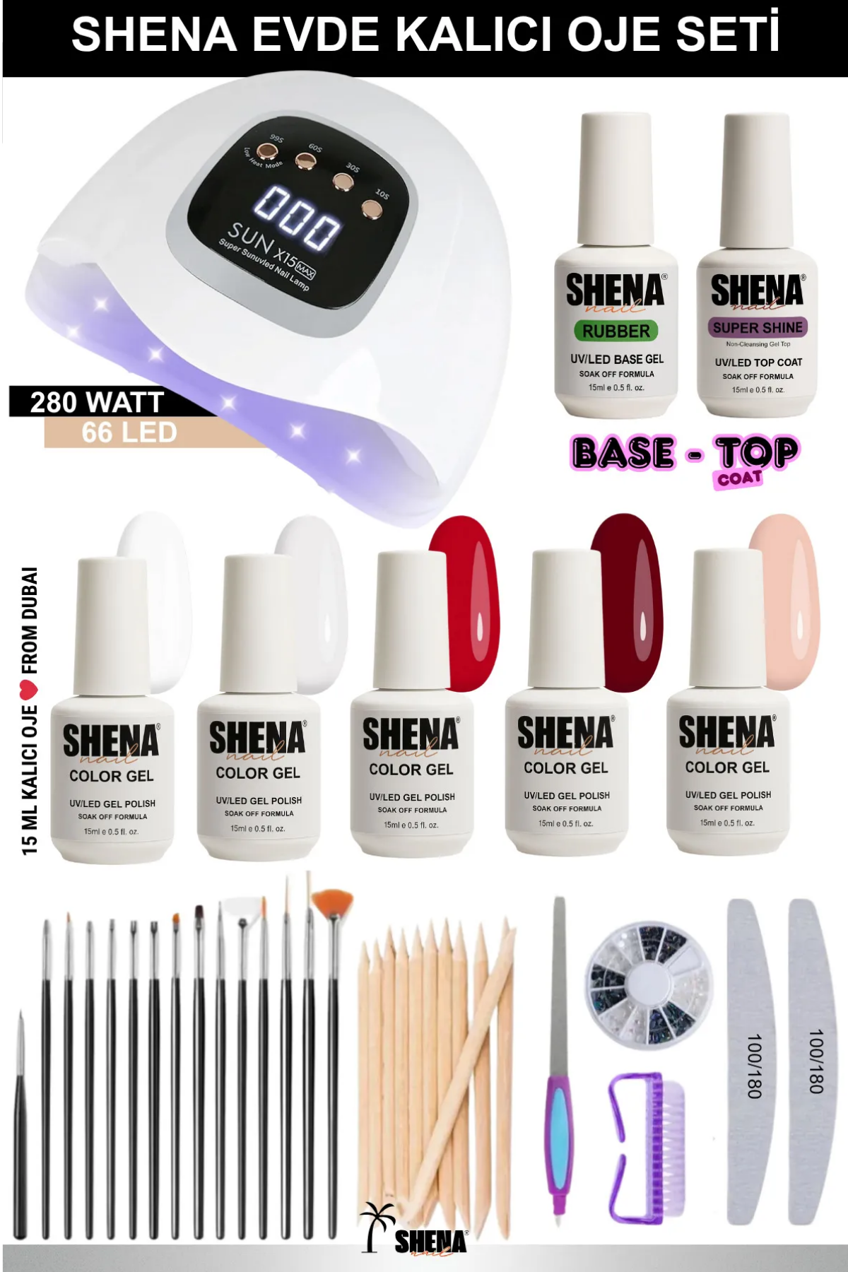 Shena Evde Kalıcı Oje Seti & Nail Art (5 Kalıcı Oje, Base - Top Coat, Uv/Led, Aksesuar) From DubaiShena