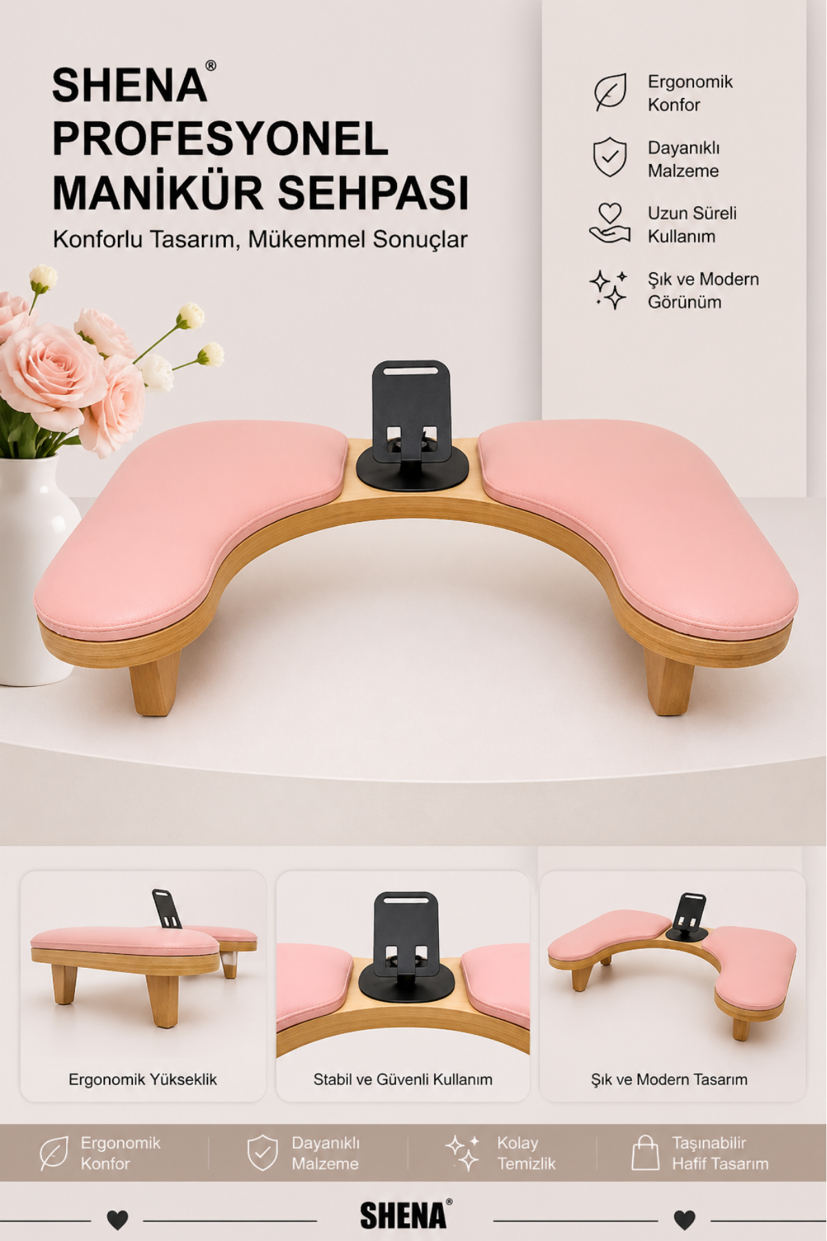 Shena U Tipi Manikür Sehpası Telefon Tutacaklı - PembeShena