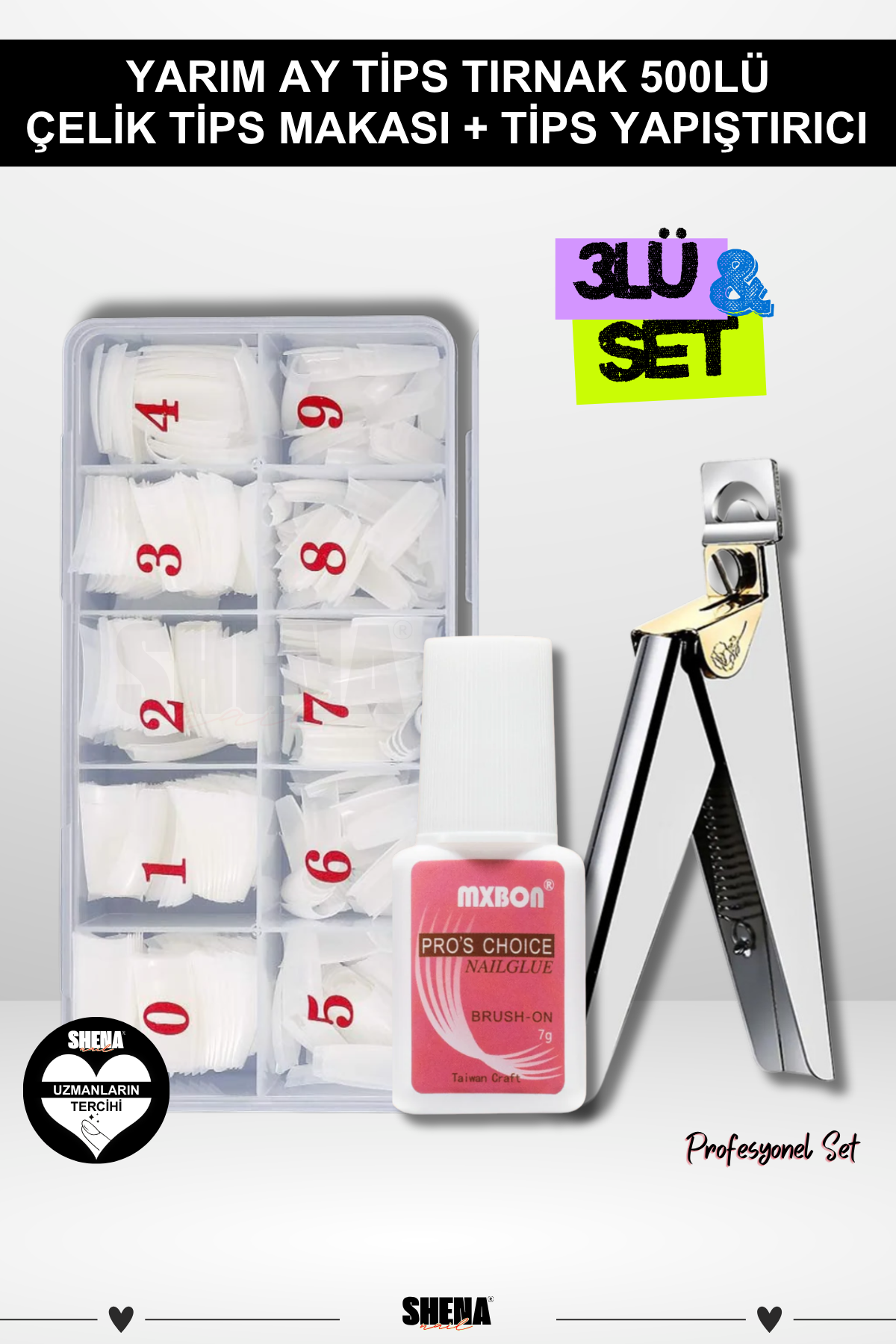 Shena Yarım Ay Tips 500lü + Çelik Giyotin Pens Tips Makası + Mxbon Tips Tırnak Yapıştırıcı 3lü SetShena